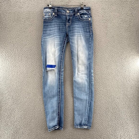 Miss Me Jeans Women 27 Blue Signature Skinny Bling Embroidery Distressed Stretch - Picture 1 of 13